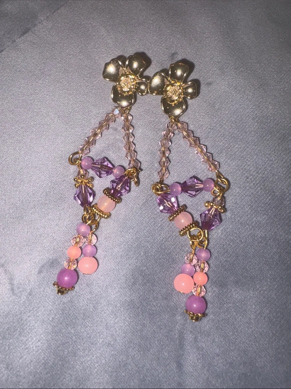 Gold Floral Drop Earrings with Pink and Purple Beads-NWT